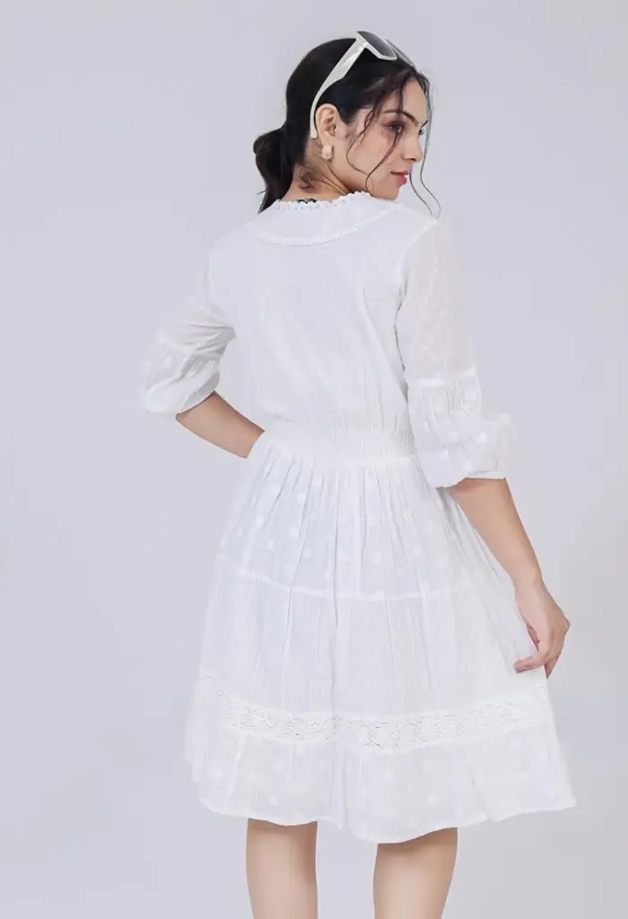 Women's White A-Line Dress – Sheer Swiss Dot Design with Smocked Waist