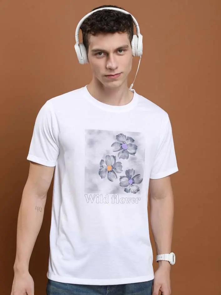 Men’s White Graphic T-Shirt – ‘Wild Flower’ Printed Floral Tee, Casual Cotton Wear
