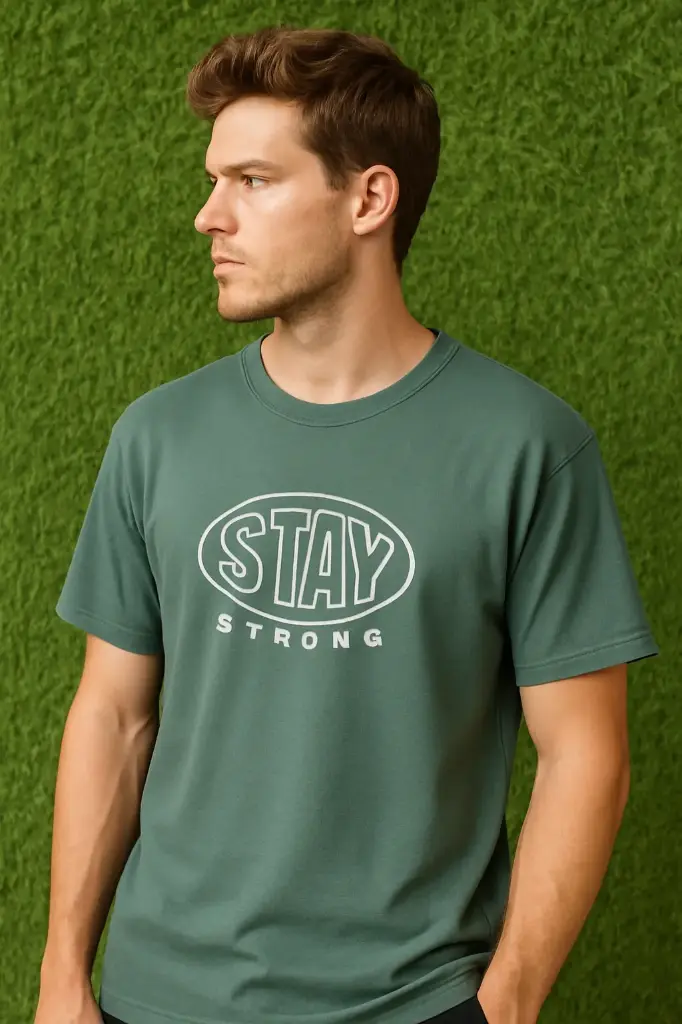 Men's Green Graphic T-shirt - Stay Strong Slogan Tee | Pure Cotton Casual Wear