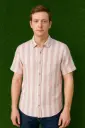Dusty Rose Men’s Casual Shirt – Soft Cotton Striped Button-Down, Short Sleeve, Light Pink & White Summer Shirt