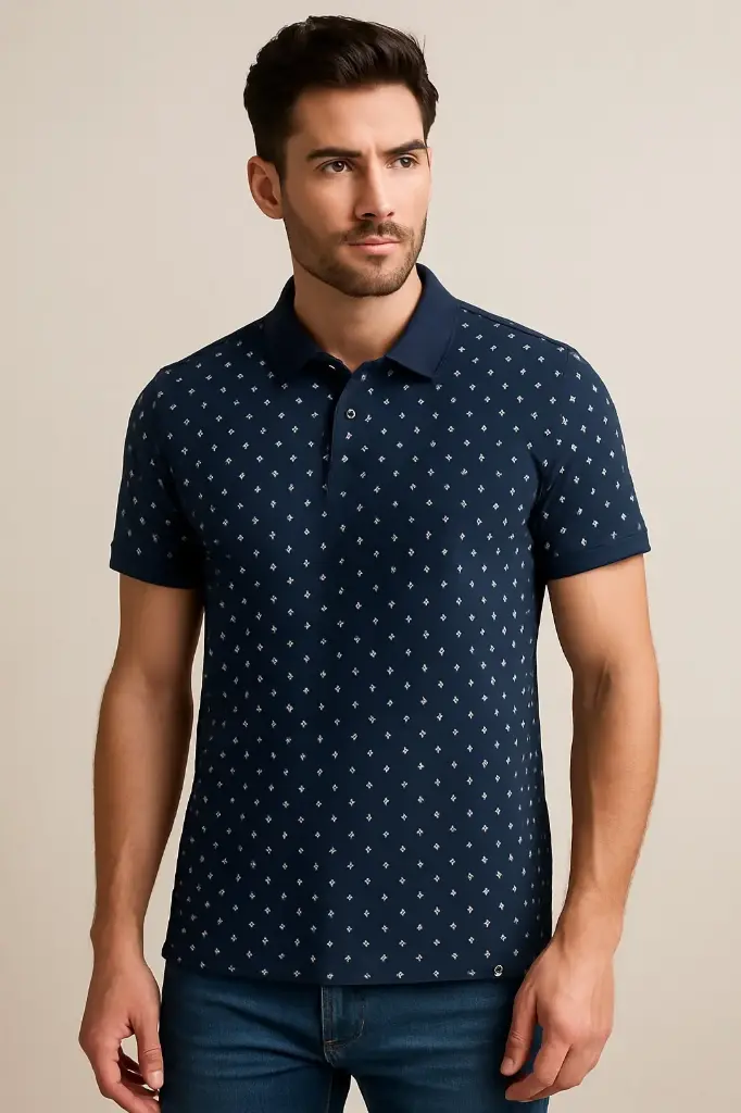 Men's Navy Blue Polo T-Shirt with All-Over Mini Print