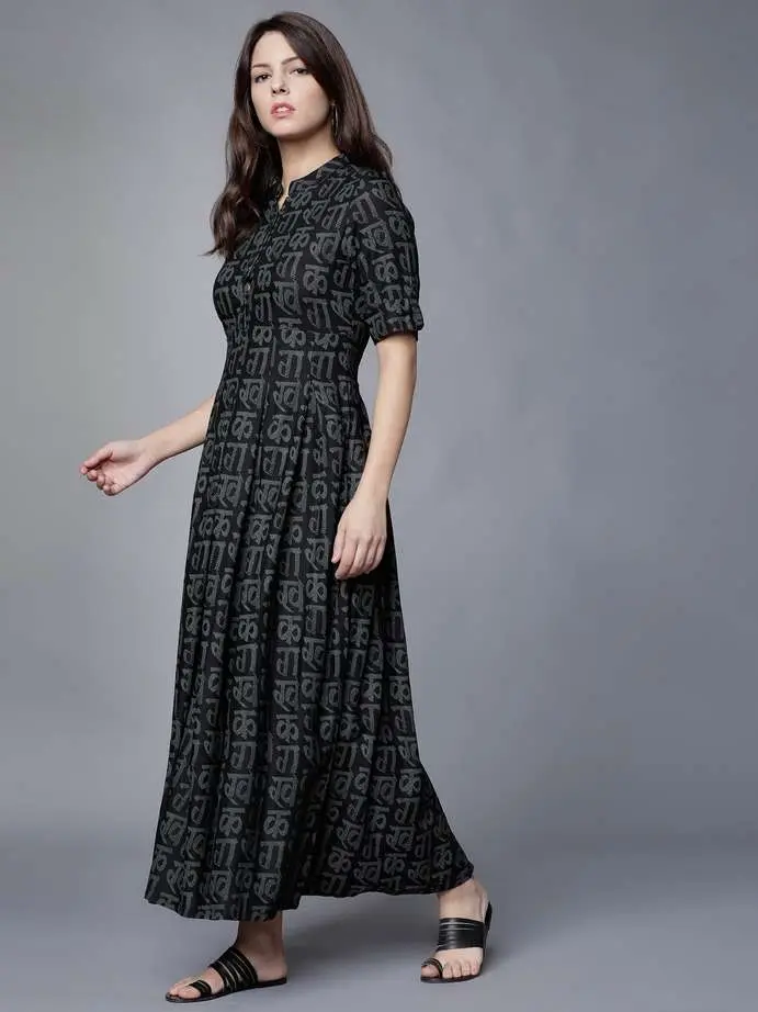 Women's Black Maxi Kurta Dress | Hindi Typography Print | Front Buttoned Anarkali Style