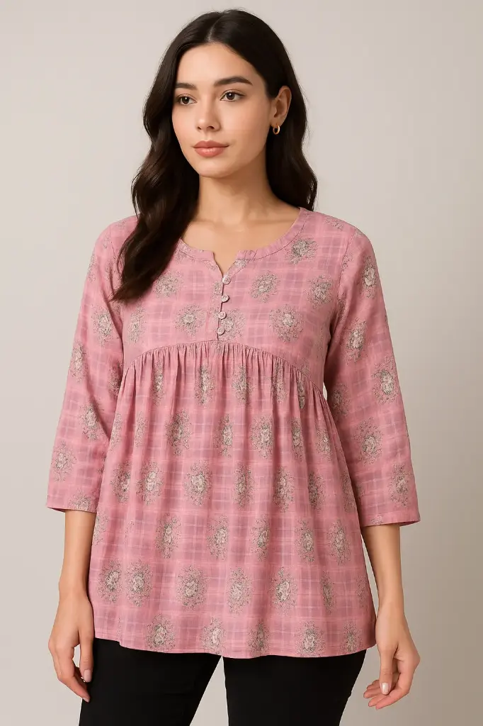 Women's Cotton Empire Waist Kurti Top – Gathered Tunic with 3/4 Sleeves (Printed Pink)