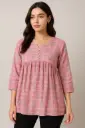 Women's Cotton Empire Waist Kurti Top – Gathered Tunic with 3/4 Sleeves (Printed Pink)