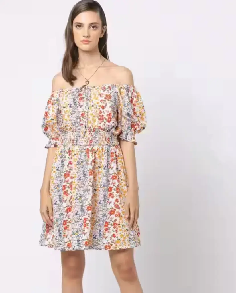 Women's Off-Shoulder Floral Mini Dress – Puff Sleeve Smocked Western Summer Dress