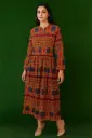 Women’s Printed A-Line Maxi Dress – Full Sleeve Traditional Ethnic Long Dress (Rust Multicolor)