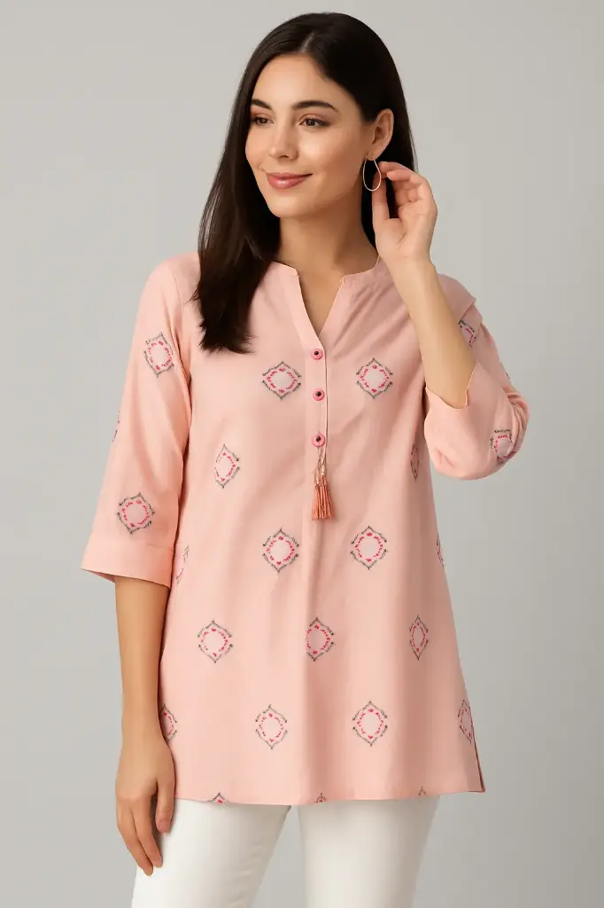 Women's Cotton Straight Kurti Top – 3/4 Sleeve Printed Tunic with Tassel Detailing (Pink)
