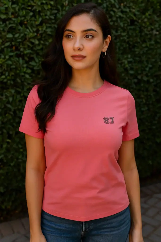 Women’s Cotton Crew Neck T-Shirt – Casual Slim Fit Tee with Chest Print (Pink 07)