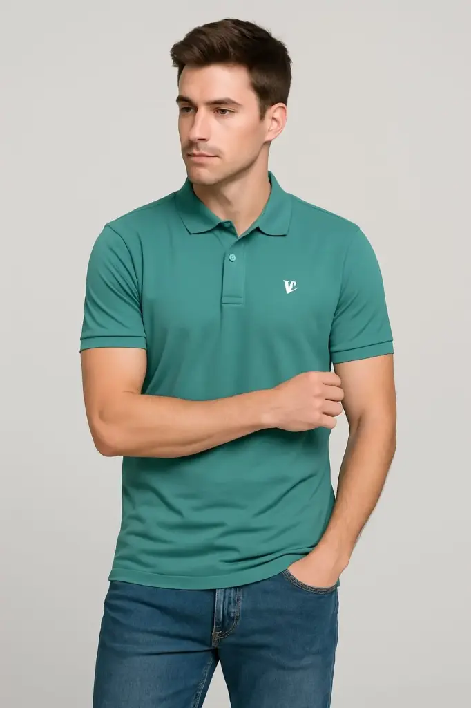 Men's Solid Green T-Shirt – Cotton Blend, Short Sleeve Collar Tee for Casual & Office Wear