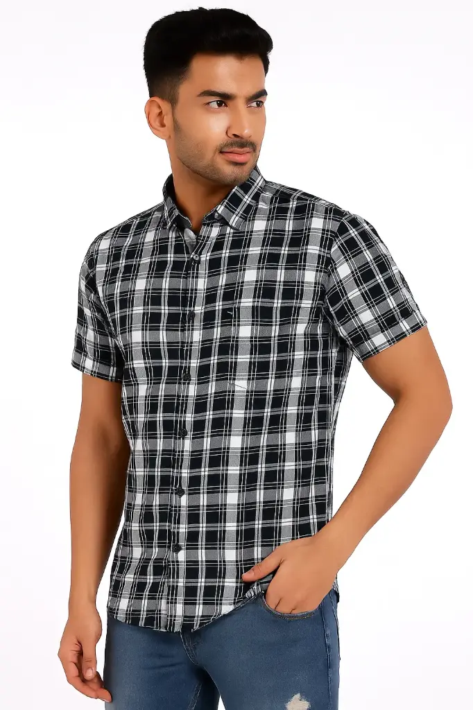 Men's Casual Slim Fit Black & White Checkered Cotton Shirt – Short Sleeves