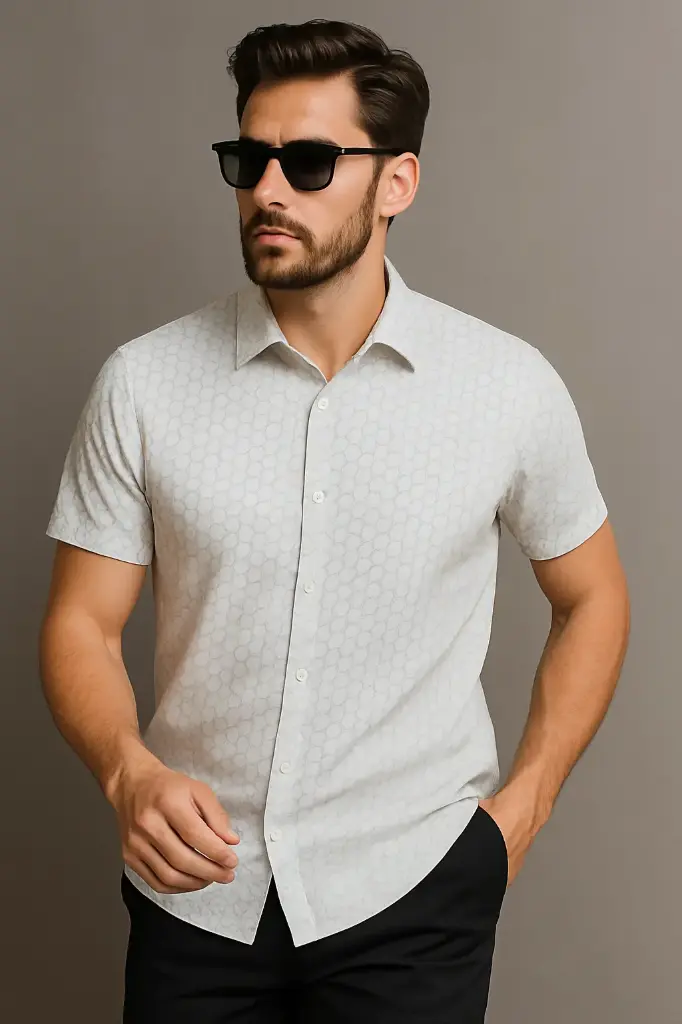 Men's Slim Fit Light Grey Printed Shirt – Soft Cotton Short Sleeve