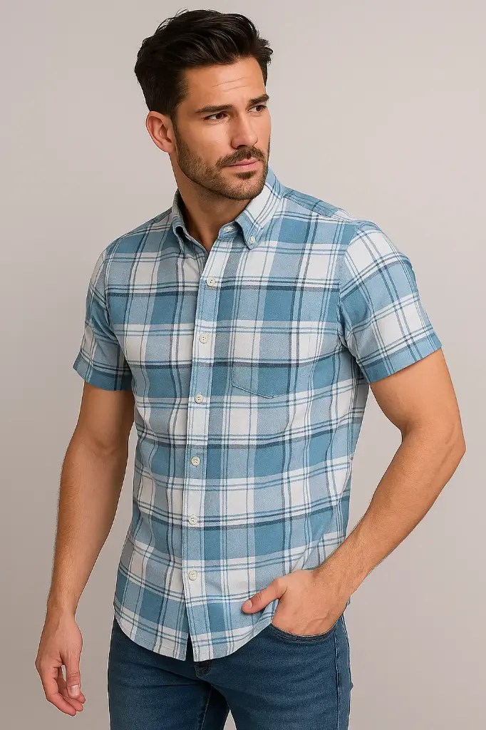 Men's Regular Fit Blue Plaid Cotton Shirt – Short Sleeves