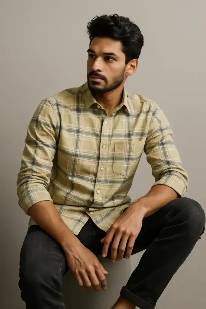 Men’s Olive Green Checked Shirt – Full Sleeves Smart Casuals