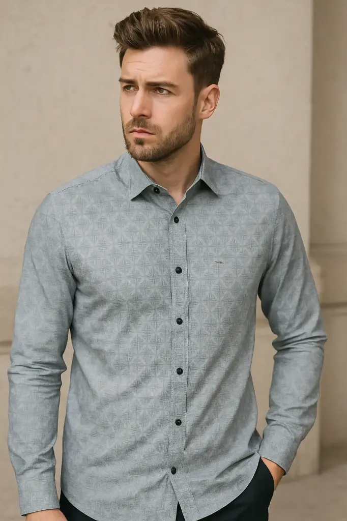 Men's Slim Fit Light Blue Printed Shirt – Long Sleeve Cotton Blend