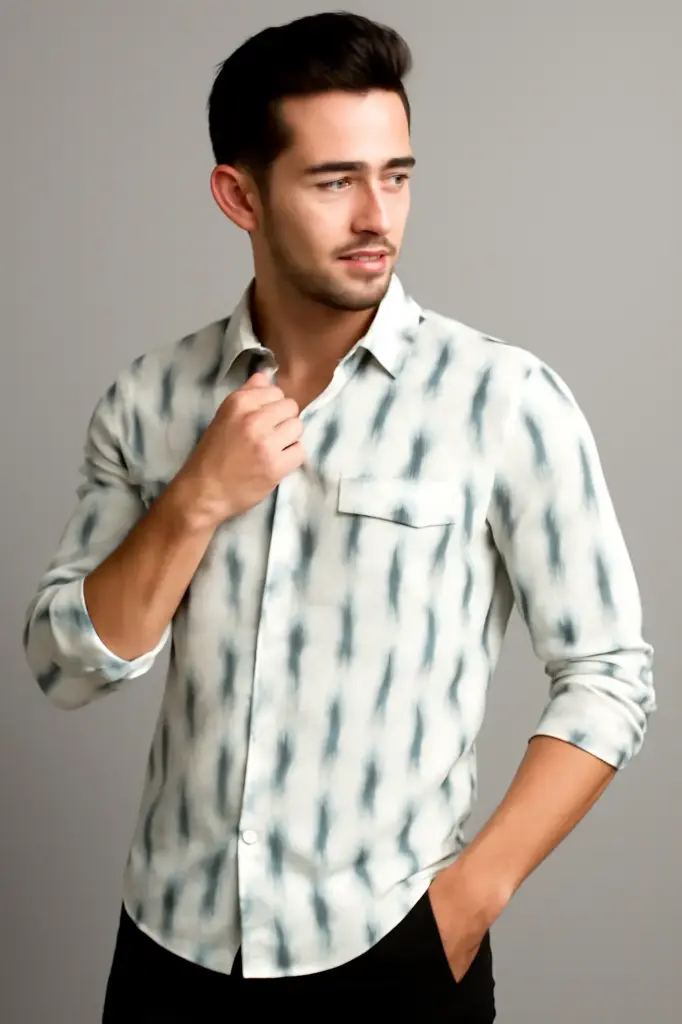 Men's Casual White Shirt with Blue Ikat Print – Long Sleeve Modern Fit