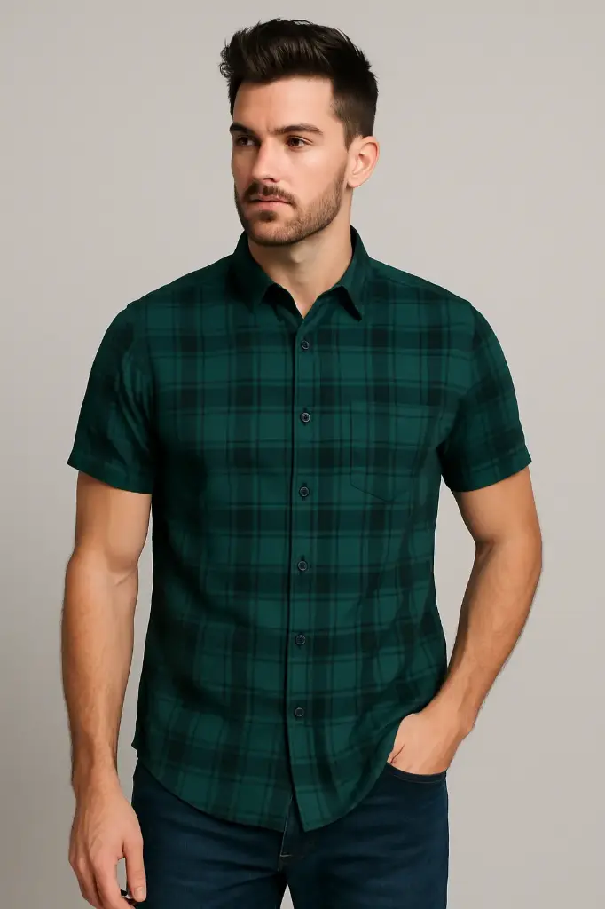 Men’s Dark Green Checkered Shirt – Slim Fit Cotton Short Sleeves