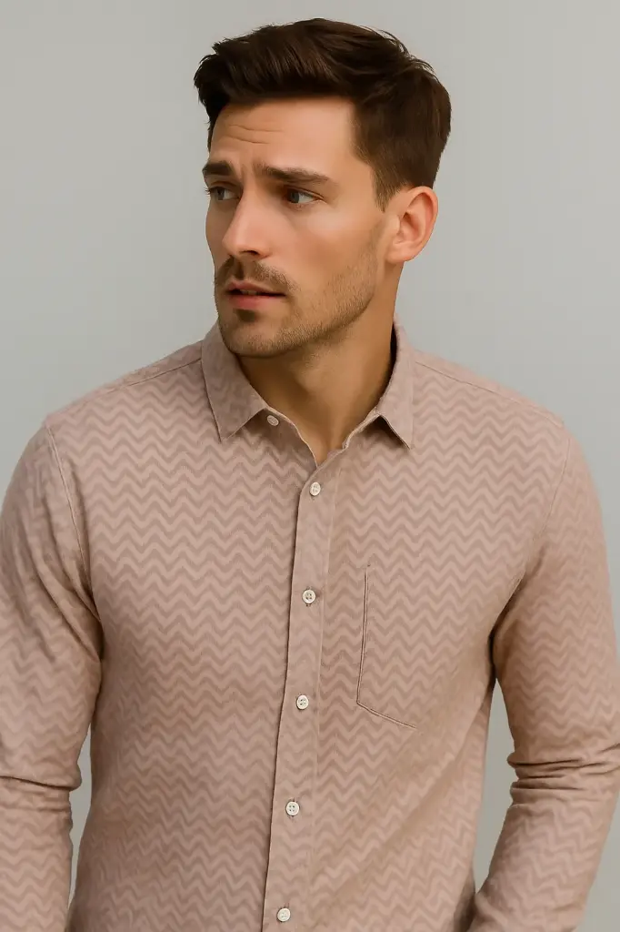 Men’s Beige Zigzag Pattern Shirt – Long Sleeve Modern Casual