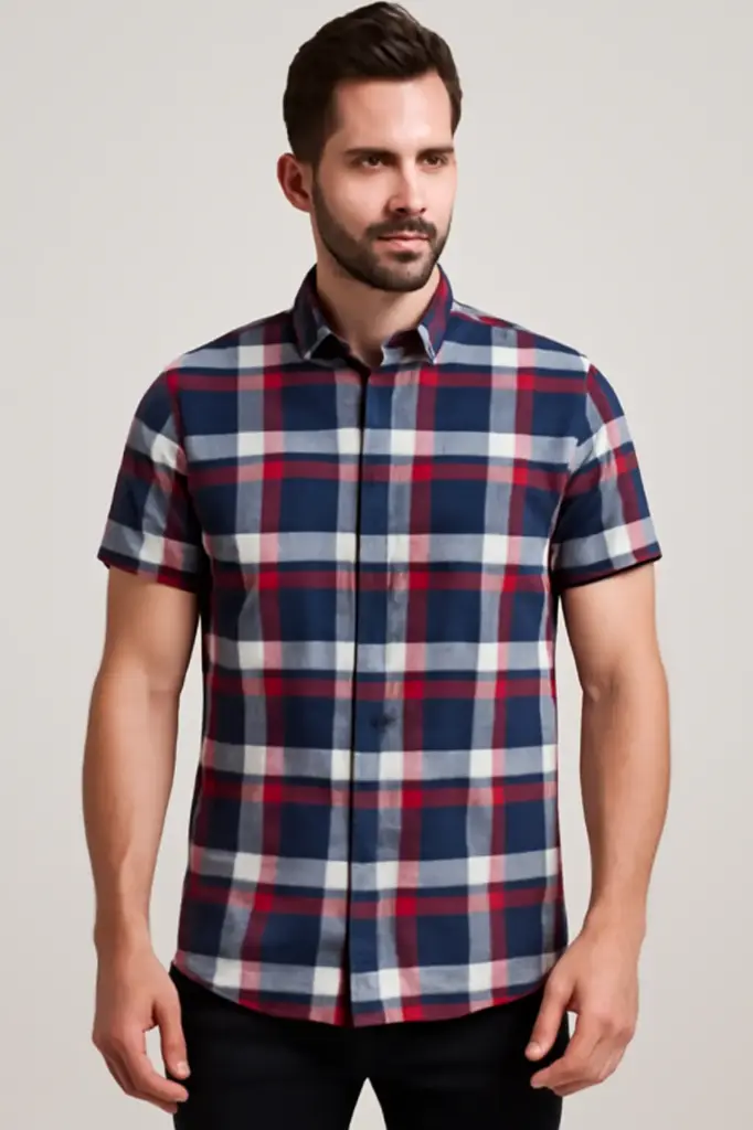 Men's Navy and Red Checked Cotton Casual Shirt, Short Sleeve