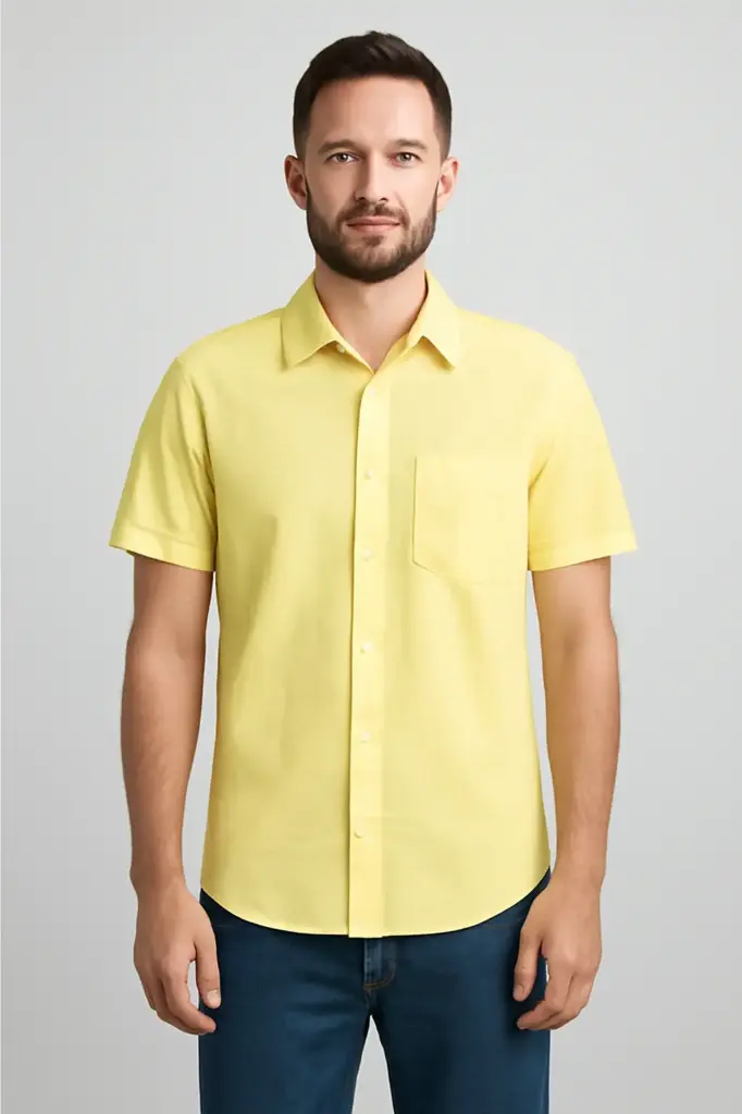 Men's Solid Light Yellow Cotton Shirt, Short Sleeve