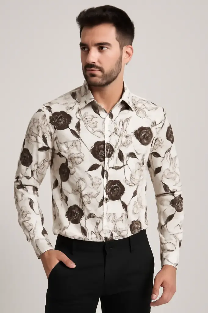 Men’s Classic White Floral Shirt – Formal & Casual Slim Fit Wear