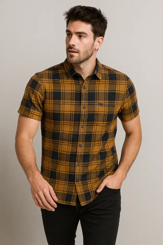 Men's Mustard & Black Checked Casual Slim Fit Cotton Shirt - Short Sleeve Button Down