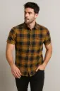 Men's Mustard & Black Checked Casual Slim Fit Cotton Shirt - Short Sleeve Button Down