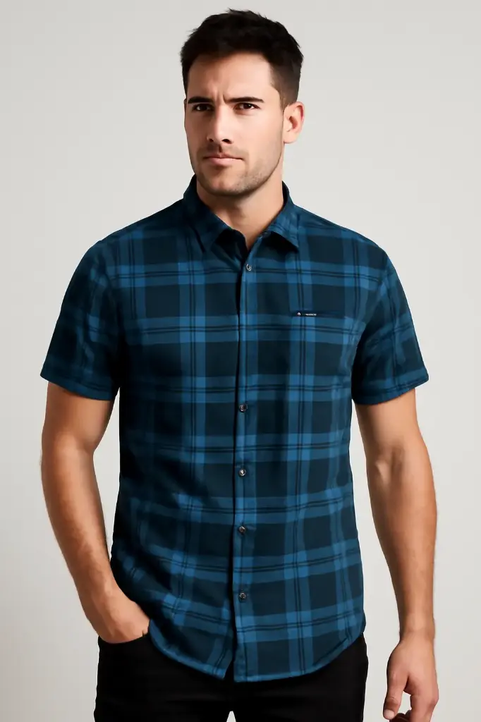 Men's Teal Blue & Black Checked Casual Slim Fit Cotton Shirt - Short Sleeve Button Down