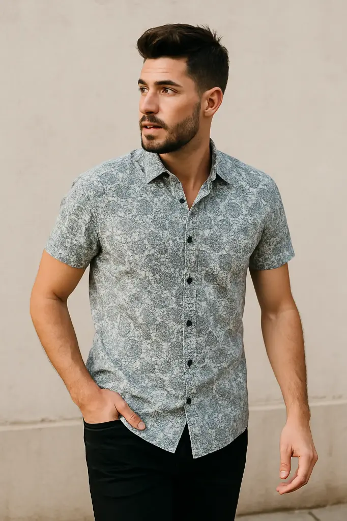 Men's Grey Floral Print Casual Slim Fit Cotton Shirt - Soft Short Sleeve Summer Shirt