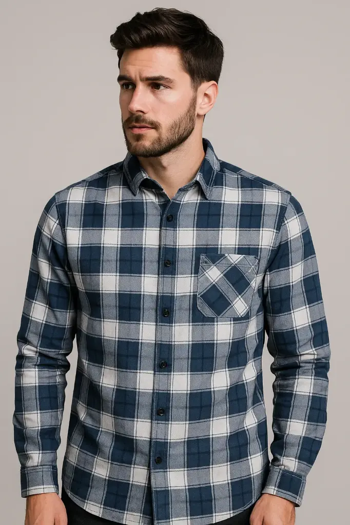 Men's Blue & White Checked Flannel Shirt - Slim Fit Cotton Long Sleeve Casual Shirt