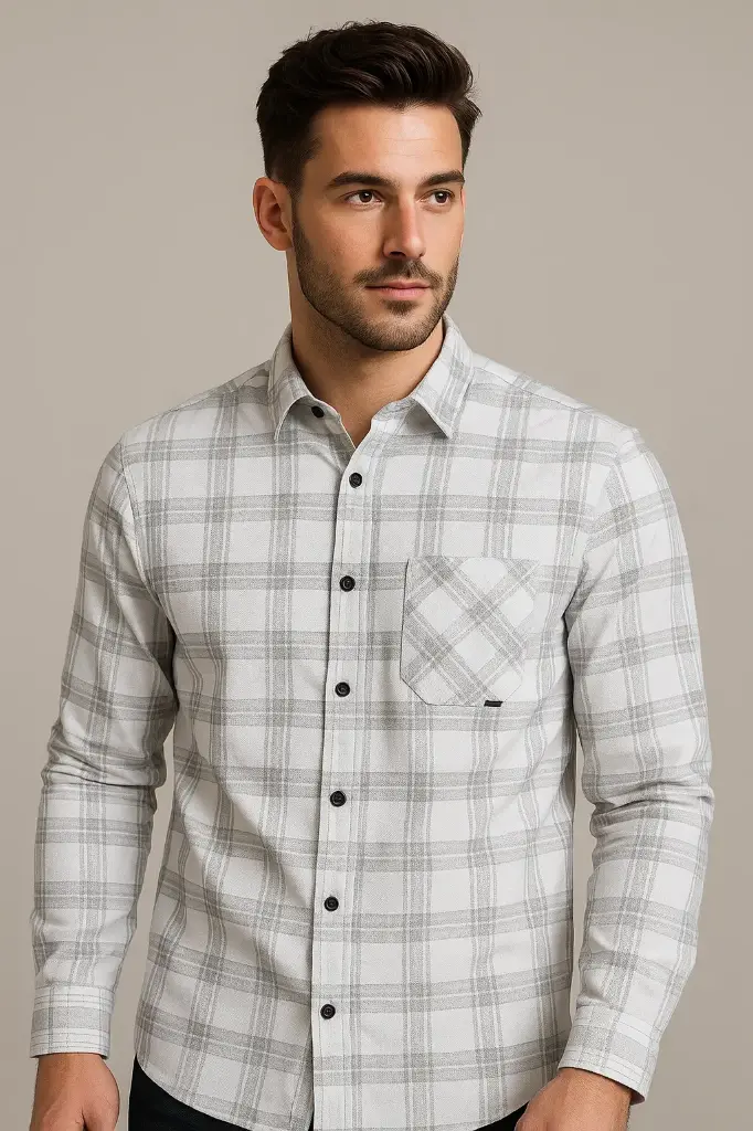 Men's White & Grey Checked Flannel Shirt - Slim Fit Cotton Long Sleeve Casual Button Down