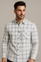 Men's White & Grey Checked Flannel Shirt - Slim Fit Cotton Long Sleeve Casual Button Down