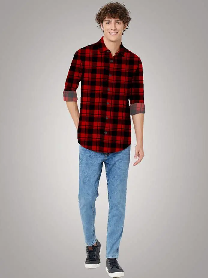 Men's Red & Black Buffalo Plaid Flannel Shirt - Casual Slim Fit Long Sleeve Check Shirt