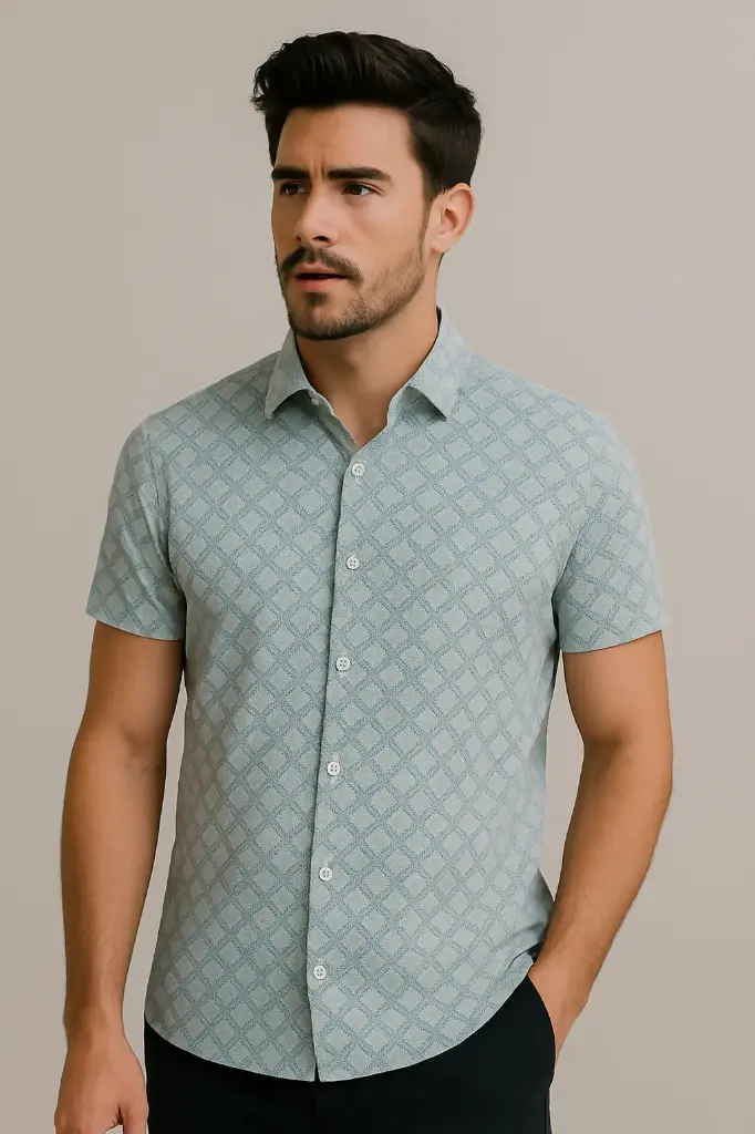 Men's Light Blue Geometric Print Slim Fit Cotton Shirt - Soft Short Sleeve Casual Shirt