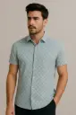 Men's Light Blue Geometric Print Slim Fit Cotton Shirt - Soft Short Sleeve Casual Shirt