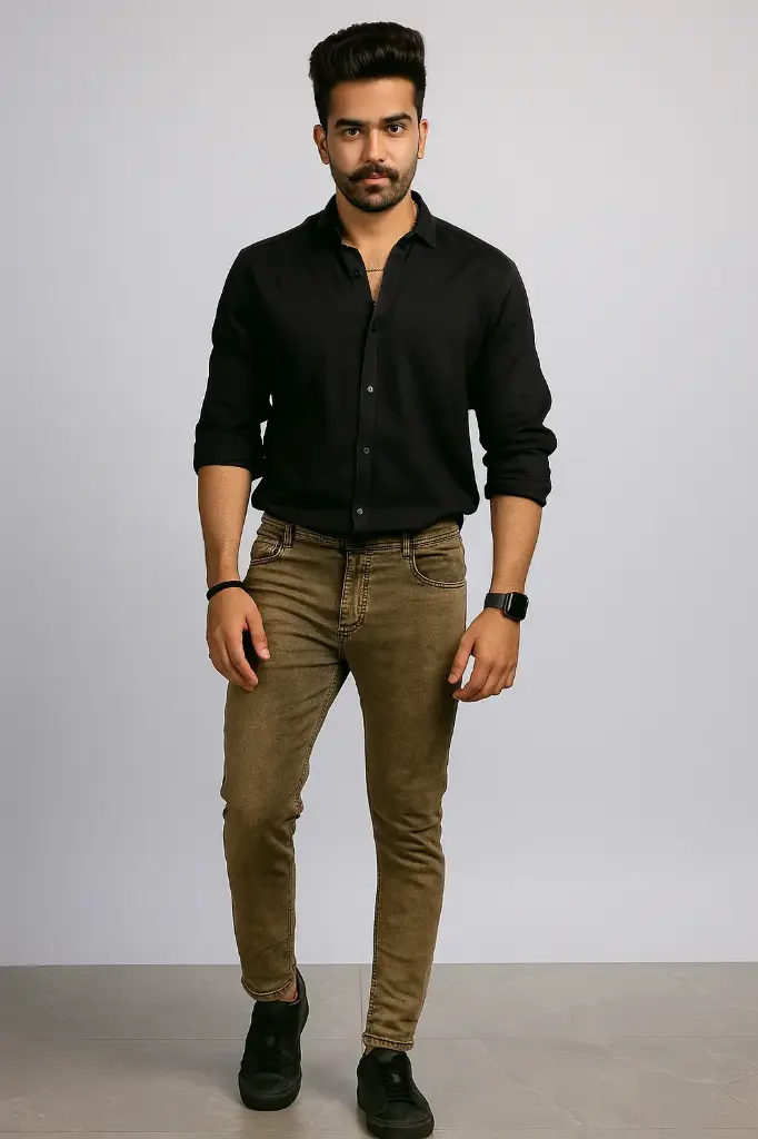 Men's Slim Fit Stretchable Brown Denim Jeans – Casual & Stylish Mid-Rise Pants with Back Pockets
