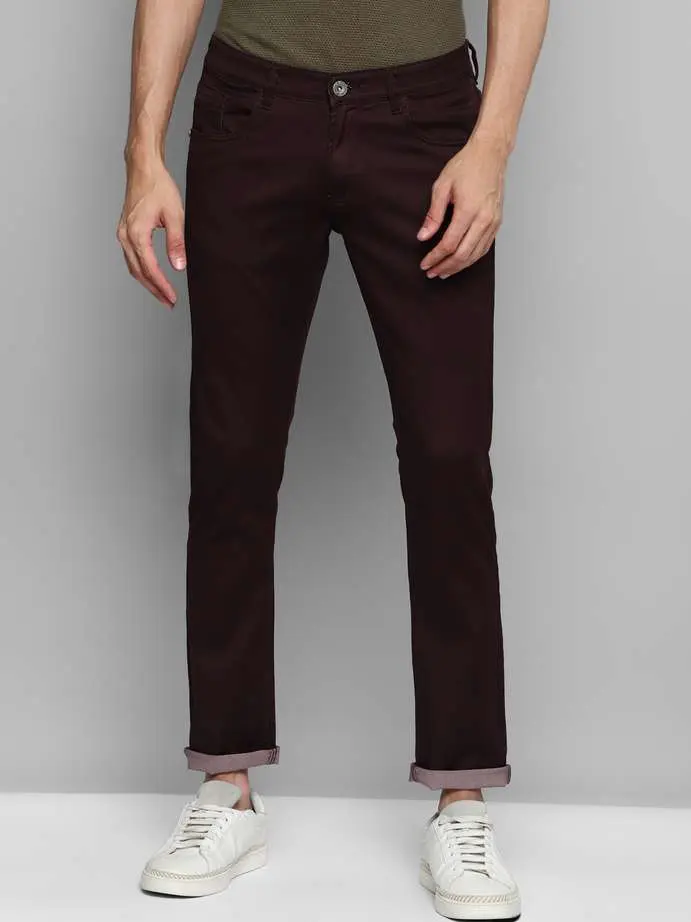 Men's deep maroon colour cotton jeans - breathable cotton, soft, comfortable, trendy.
