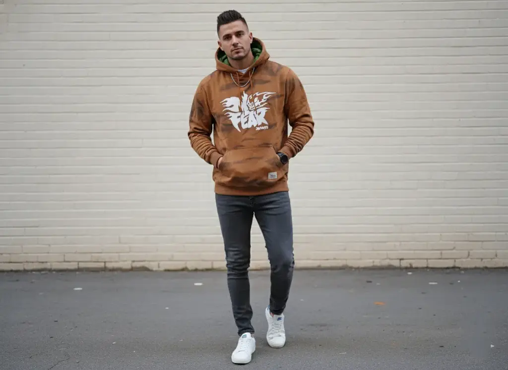 Men's "FEAR" Graphic Print Tie-Dye Hoodie - Brown