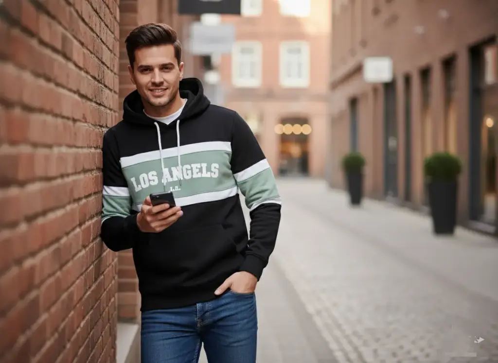 Men's "Los Angeles" Color-Block Striped Hoodie - Black