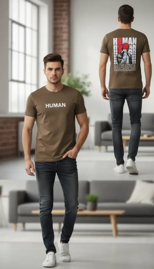Men's Graphic T-Shirt | "HUMAN" Front and Back Print Tee | 100% Cotton Regular Fit Casual Shirt