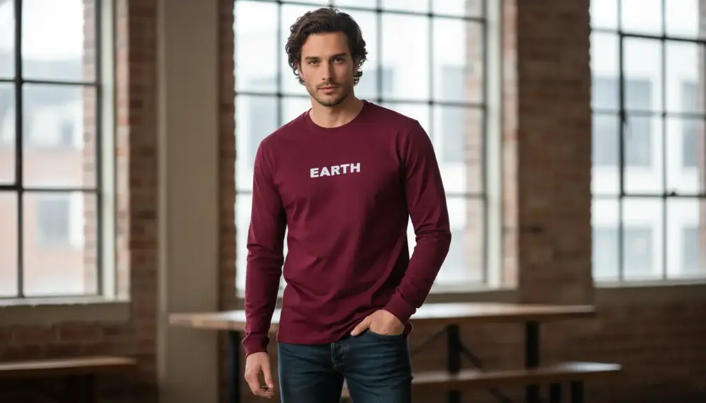 Men's "EARTH" Long Sleeve T-Shirt | Minimalist Graphic Tee | Cotton Blend Athletic Fit Crew Neck Shirt (Maroon)
