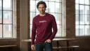 Men's "EARTH" Long Sleeve T-Shirt | Minimalist Graphic Tee | Cotton Blend Athletic Fit Crew Neck Shirt (Maroon)