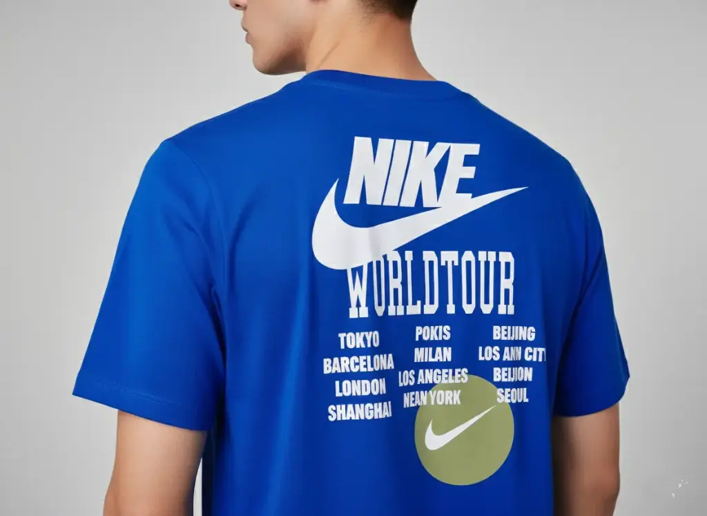 Men's Nike World Tour T-Shirt | Large Back Swoosh Graphic Tee | 100% Cotton Regular Fit Sportswear Shirt (Royal Blue)