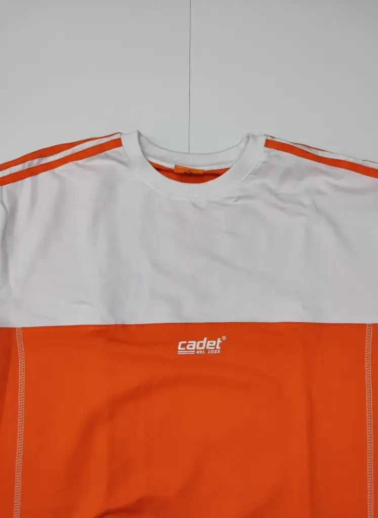 Men's Color Block T-Shirt | Orange & White Relaxed Fit Drop Shoulder Tee | "Cadet" Logo Streetwear Shirt