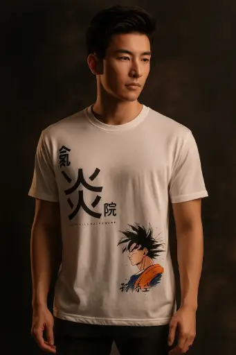 Men’s Anime Graphic T-Shirt – Goku Printed Tee with Japanese Text, White Cotton Casual