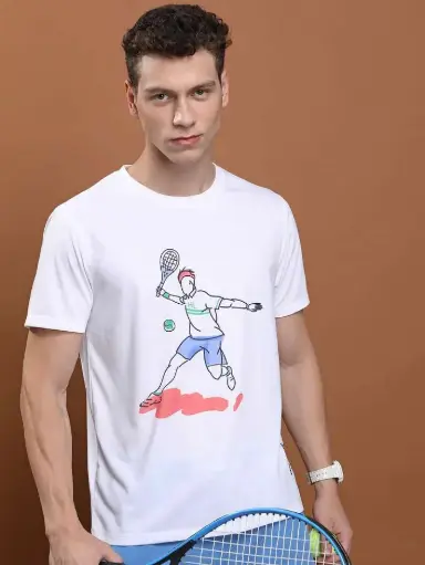 Men’s White Sports Graphic T-Shirt – ‘Sports & Glory’ Tennis League Print, Casual Athletic Wear