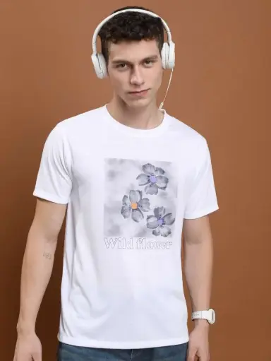 Men’s White Graphic T-Shirt – ‘Wild Flower’ Printed Floral Tee, Casual Cotton Wear