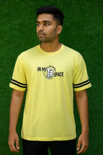 Men's Casual Yellow Graphic T-Shirt – "In My Happy Space" Print with Striped Sleeves