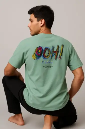 Men's Casual Graphic Tee – Mint Green T-Shirt with Colorful "OOH!" Back Print – Artistic Street Style