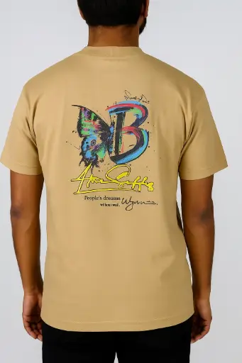 Men’s Beige Butterfly T-Shirt – Casual Cotton Tee with Front Patch