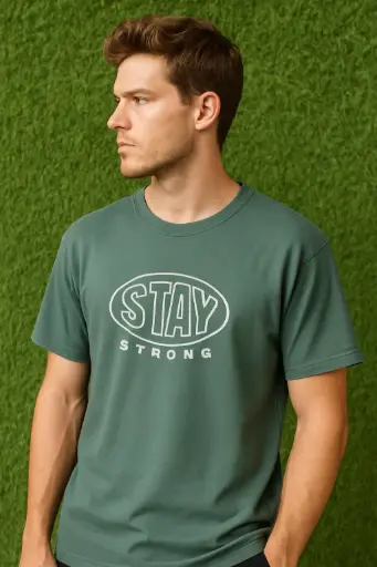 Men's Green Graphic T-shirt - Stay Strong Slogan Tee | Pure Cotton Casual Wear